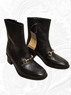 Allonsi Amelie Black Leather Bit Ankle Boots - Gold Horsebit Detail, Sz 8